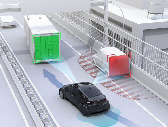 An illustration showing how collision avoidance systems work in automotive school