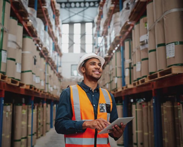 A smiling male warehouse supervisor checking the inventory after completing his dispatch training