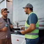 A dispatch training grad talking to a colleague in a warehouse