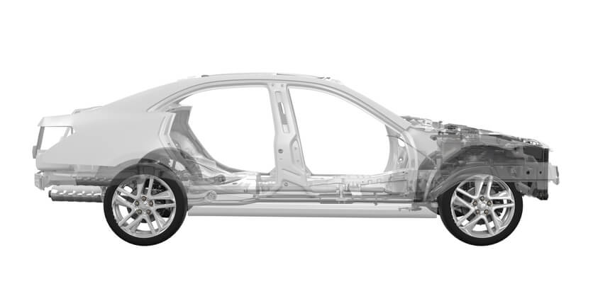 A frameless car chassis with engine to be explored in auto body training