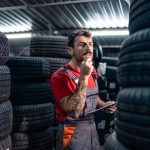 An auto parts training grad inspecting tire inventory in an auto parts shop