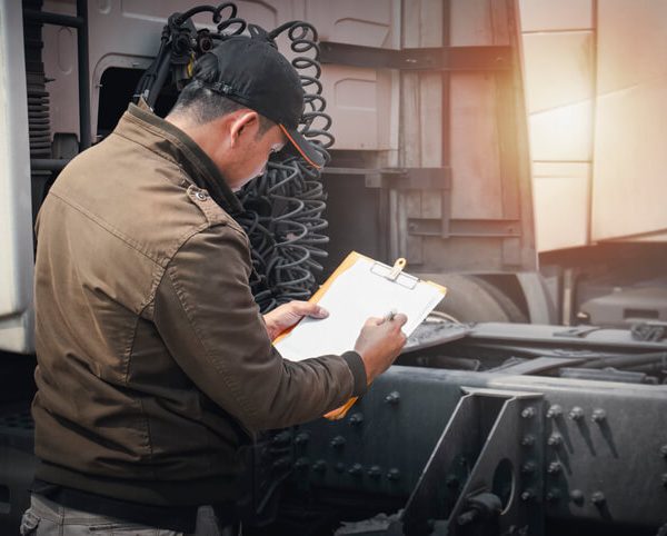 A diesel mechanic training grad inspecting a truck